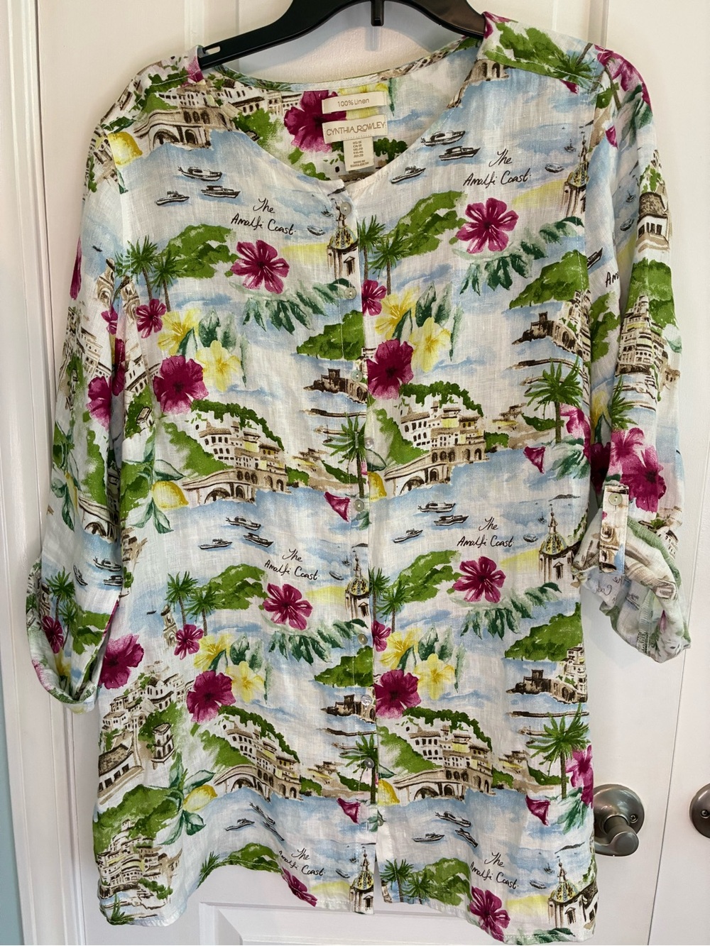 Cynthia Rowley Linen Button-Front Tunic - White, Green, Pink, Yellow, Blue 1X